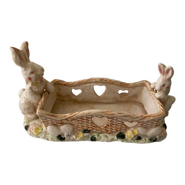 Vintage Porcelain Bunny Rabbit Cracker Dish Easter Basket For Sale