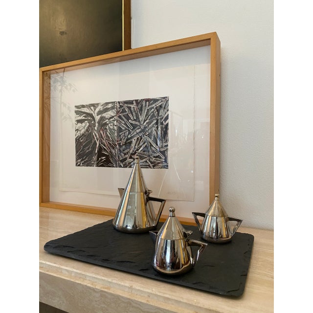 Fantastic Postmodern Memphis-Style Tea Set. Each piece marked "EPNS" to base. Slate 16”W x 12”D x .5”H Teapot 6”W x 4.75”D...