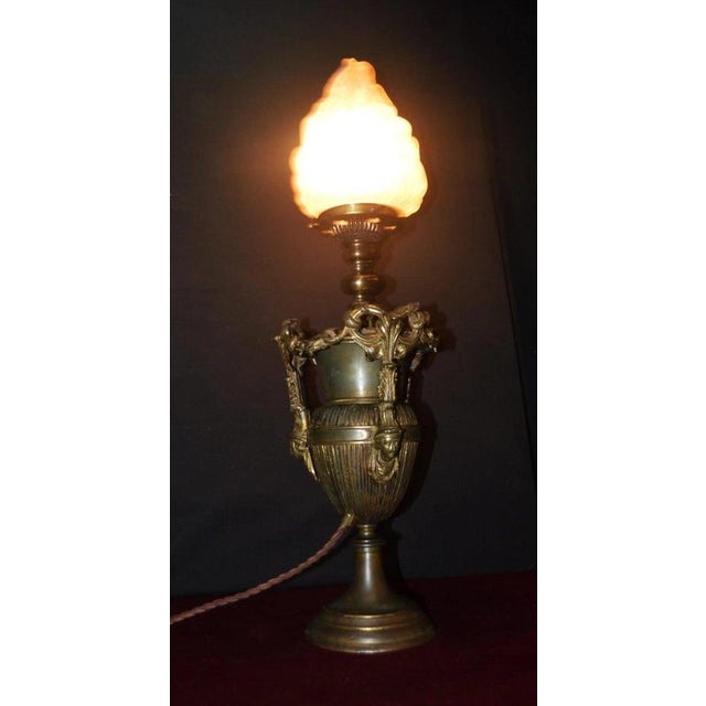 Gothic Revival Bronze Three-Handled Urn Table Lamp with Vianne Flame Shade For Sale - Image 4 of 18
