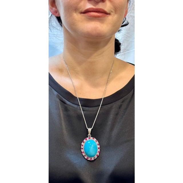 GIA Certified 105 Ct Natural Oval Turquoise, Ruby & Diamond Pendant, Sleeping B For Sale - Image 11 of 18