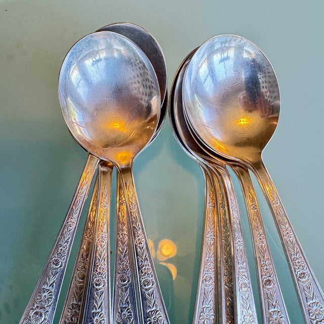 1930s Art Deco Bowl Soup Spoons (Gumbo) Mildred Silverplate, C1936 by National Silver Co 12 Pc Pruistine For Sale - Image 13 of 16