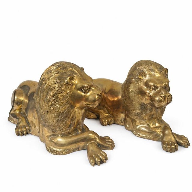 European Artist, Reclining Lions, Gilded Bronze, Set of 2 For Sale - Image 6 of 9
