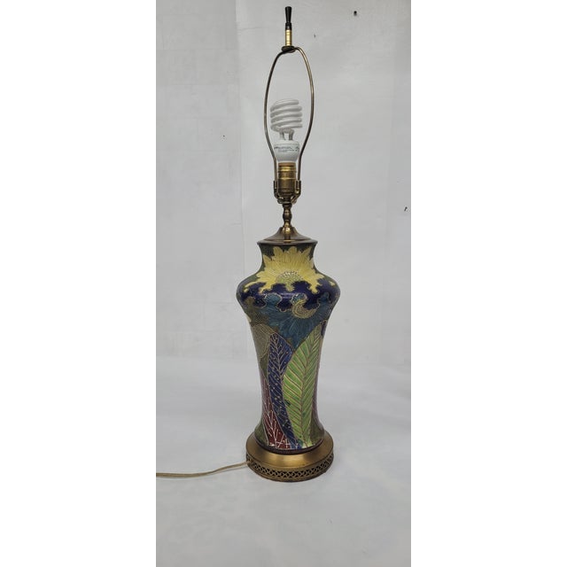 Gold Vintage Satsuma Style Sunflower Leaf Raised Enamel and Gold Bead Table Lamp For Sale - Image 8 of 12