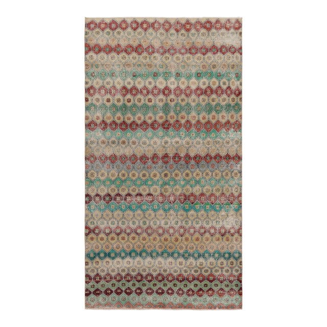 Vintage Distressed Rug, Polychromatic Hexagon Geometric Design- Rug & Kilim For Sale