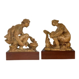 Pair of Early 20th Century Clay Sculptures Designed by Pierre-Auguste Renoir: “The Little Blacksmith” and “The Washerwoman” For Sale