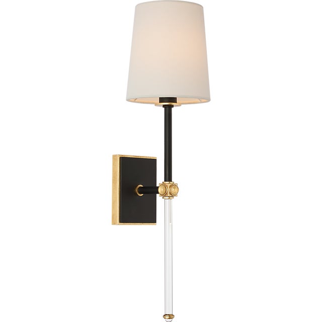 Julie Neill for Visual Comfort Signature Lucia 21" Cordless Sconce in Matte Black and Crystal with Linen Shade For Sale