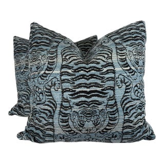 Tibetan Tiger Chenille in Blue/Black 22" Pillows-a Pair For Sale