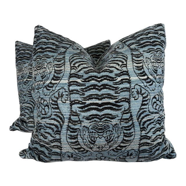 Tibetan Tiger Chenille in Blue/Black 22" Pillows-a Pair For Sale