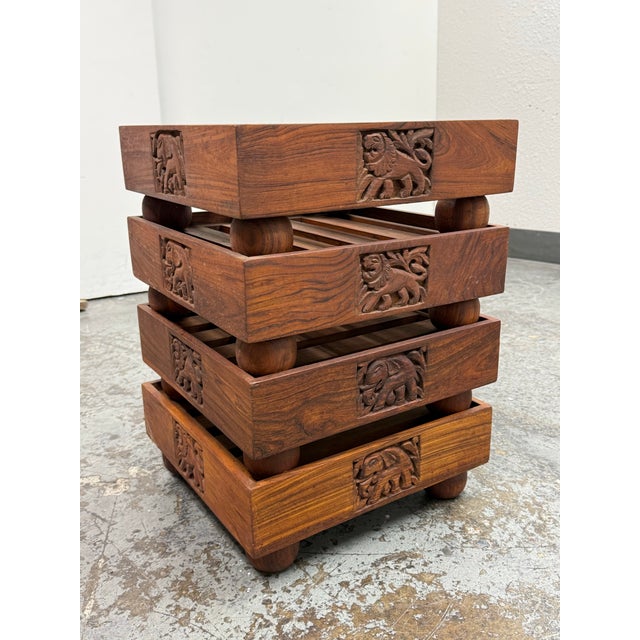 Late 20th Century Vintage Carved Wood Slatted Platform Stands, Set of Four For Sale - Image 5 of 12
