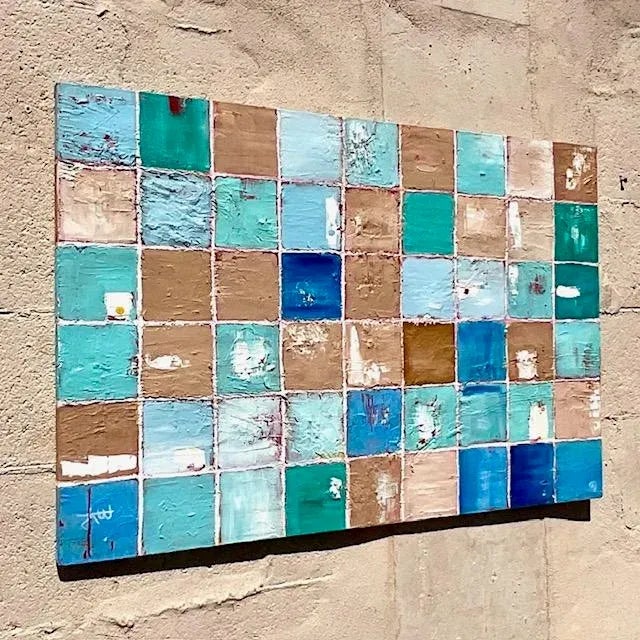 Abstract Vintage Boho Signed Abstract Block Original Oil Painting on Canvas For Sale - Image 3 of 5