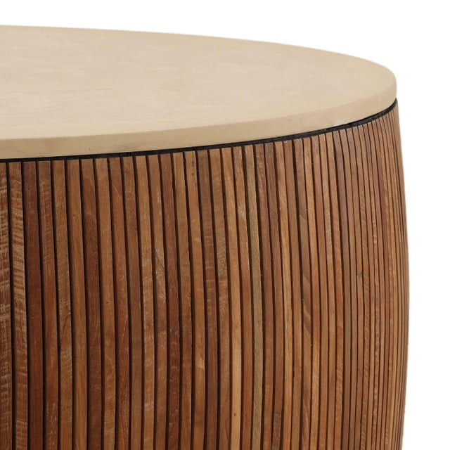 Mid-Century Modern Slatted Teak & Cement Round Coffee Table For Sale - Image 3 of 5