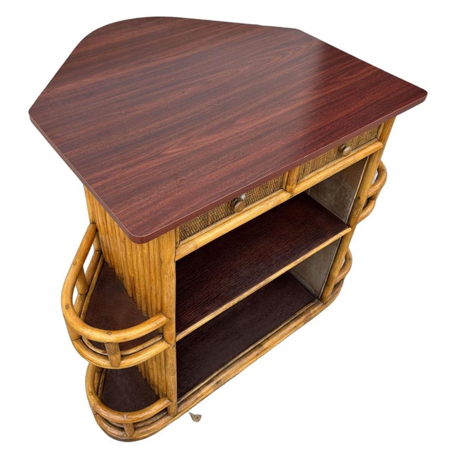 Wood Restored Mid-Century Sailboat Ships Bow Shaped Stacked Rattan Dry Bar For Sale - Image 7 of 13