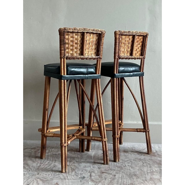 Vintage Coastal Woven Rattan Bar Stools - A Pair For Sale - Image 4 of 9