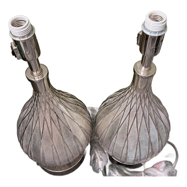 Vintage Pair Chapman Luxury Silver Teardrop Glass Table Lamps Heavy Ribbed Decor For Sale