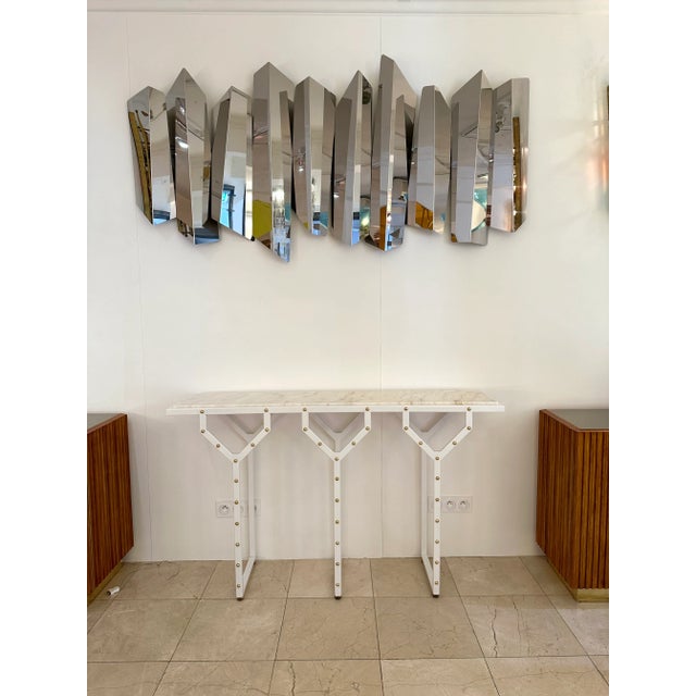 Contemporary Console Table Y White Lacquered Metal Brass and Marble. Italy For Sale - Image 12 of 12