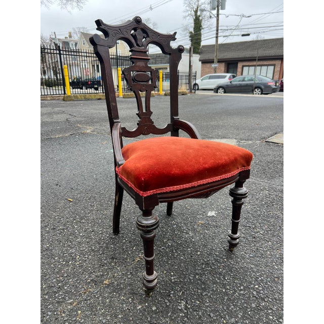 Antique Victorian Carved Wood Side Chair With Red Upholstery For Sale In Philadelphia - Image 6 of 6