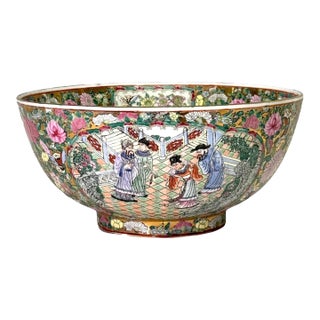 Large Rose Medallion Chinese Porcelain 14" Punch Bowl on Rosewood Stand For Sale