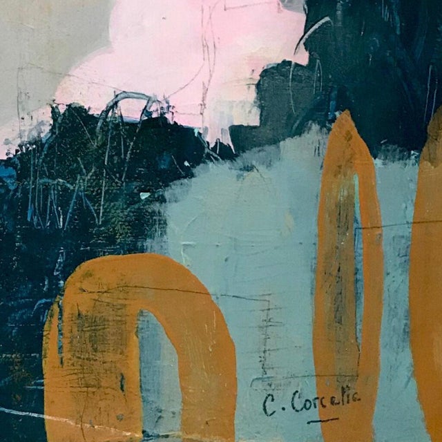 Wood Christiane Corcelle "Shades of Blue in Chefchaouen" Mixed Media on Cradled Board, Small Abstract Painting in Blue, Teal and Pink, 2021 For Sale - Image 7 of 8