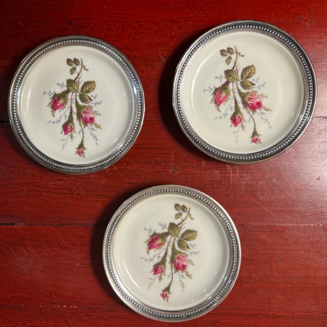 Mid 20th Century Rosenthal Moss Rose Pompadour Coasters With Sterling Rims - Set of 3 For Sale - Image 9 of 9