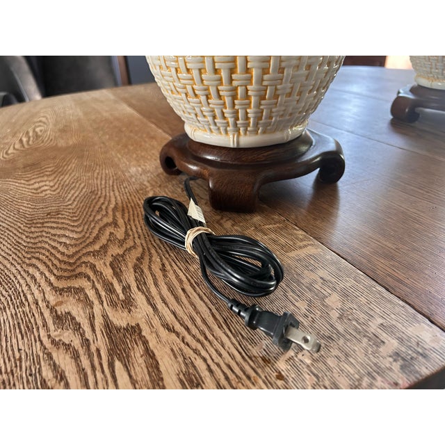 Wood Vintage Wildwood Accents Ceramic Chinoiserie Basket Weave Lamps- A Pair For Sale - Image 7 of 11