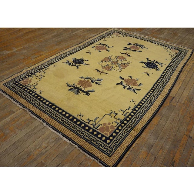 Abstract 1920s Yellow Mustard Medallion Antique Chinese Khotan Rug 5' 4'' X 8' 0'' Knotted Pile Wool Carpet For Sale - Image 3 of 11