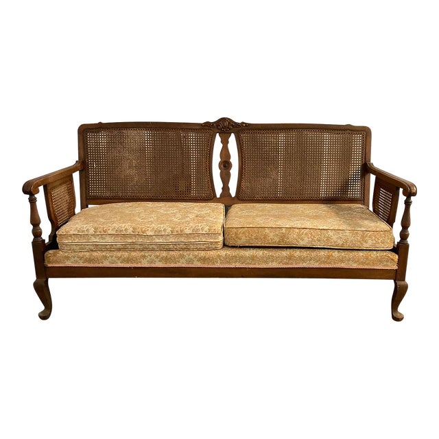 1960s Vintage Traditional Cottage Style Cane Sofa For Sale