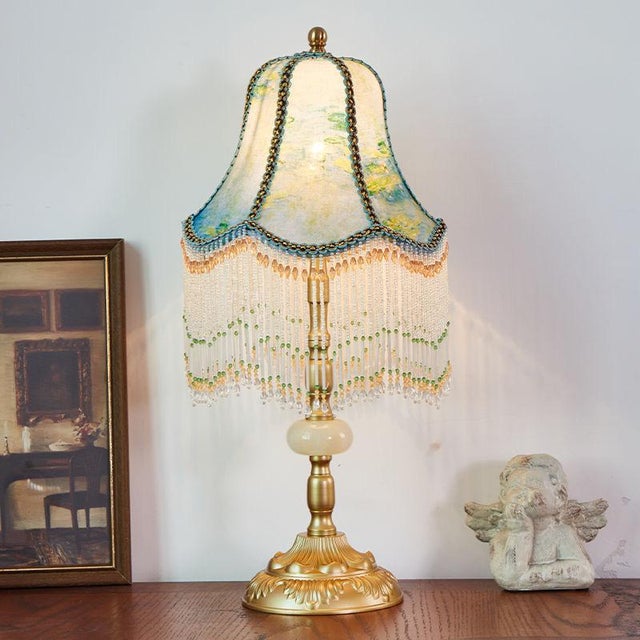 Art Deco Monet Water Lily Beaded Chain & Copper Lamp For Sale - Image 3 of 7