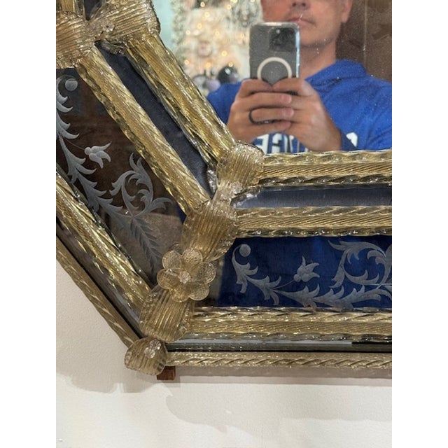 Mid 20th Century Vintage Etched Murano Glass Venetian Style Octagonal Mirror For Sale - Image 5 of 8