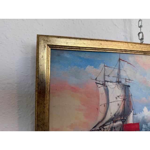 Paint Vintage Oil Painting Naval Battle Ships Seascape Maritime Art Framed Framed For Sale - Image 7 of 9