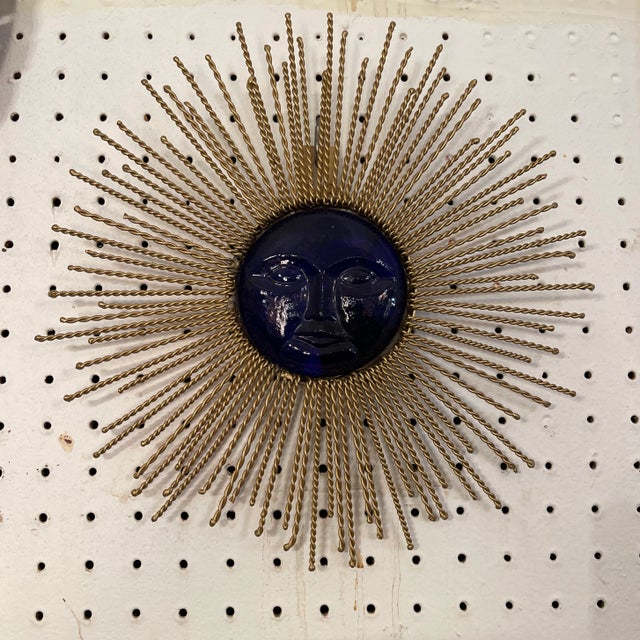 1960s Mid Century Cobalt Blue Glass and Gilt Metal Solar Wall Plaque For Sale - Image 5 of 6