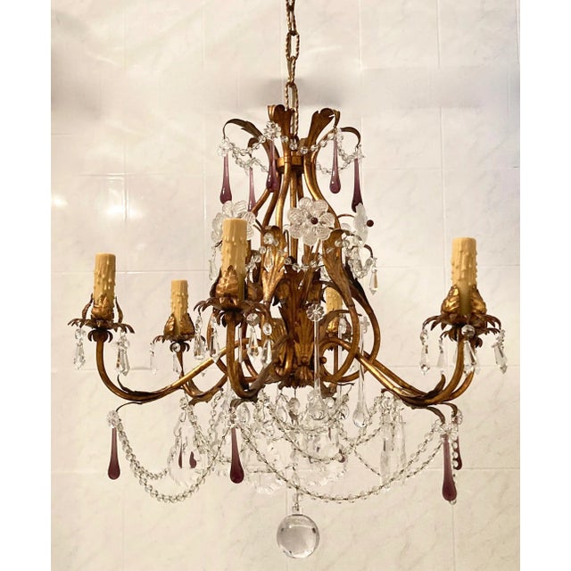 Metal Mid 20th Century Murano Glass Tole Chandelier For Sale - Image 7 of 8