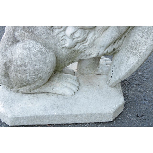 Vintage Cast Stone Lion with Shield Garden Statue For Sale - Image 4 of 12
