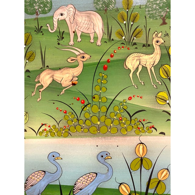 Turquoise Mid 20th Century Arturo Alcala Mexican Folk Art Painting – Landscape With Birds, Deer, Elephants, Toucans, & Wildlife For Sale - Image 8 of 15