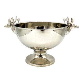 Vintage Polished Stainless Steel Deer Head Pedestal Bowl / Wine Cooler – Equestrian / Lodge / English Country For Sale