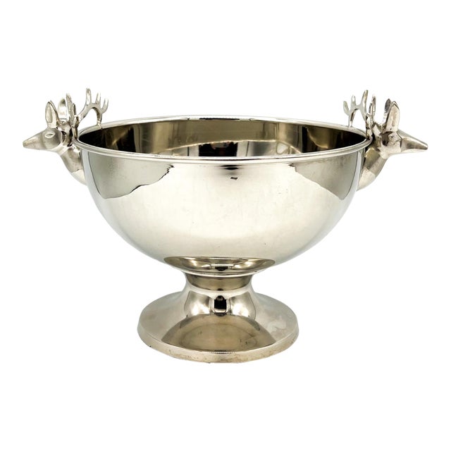 Vintage Polished Stainless Steel Deer Head Pedestal Bowl / Wine Cooler – Equestrian / Lodge / English Country For Sale