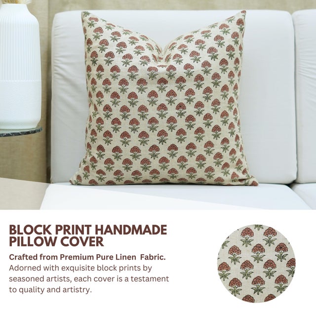 Brick Red Fabdivine Handmade Block Print Pure Linen Pillow Covers 18x18 Inches – Strawberry Floral Cushion For Sale - Image 8 of 9