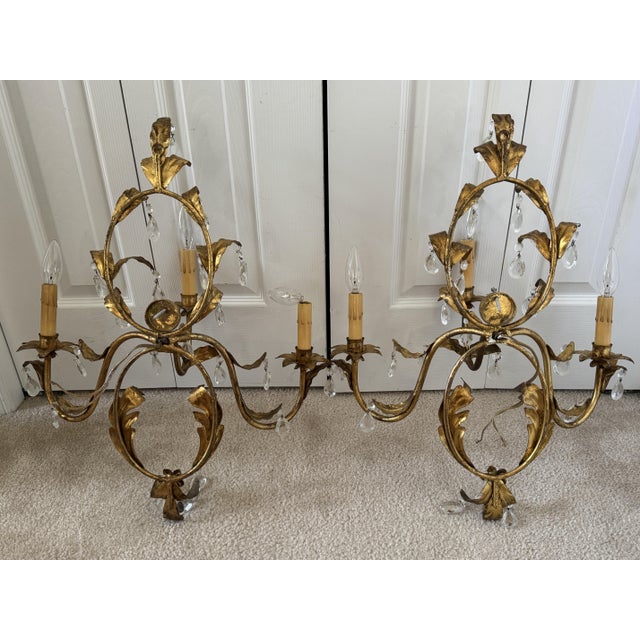 Vintage Italian Florentine Gilt Tole & Crystal Regency Wall Sconces - Pair For Sale - Image 11 of 13