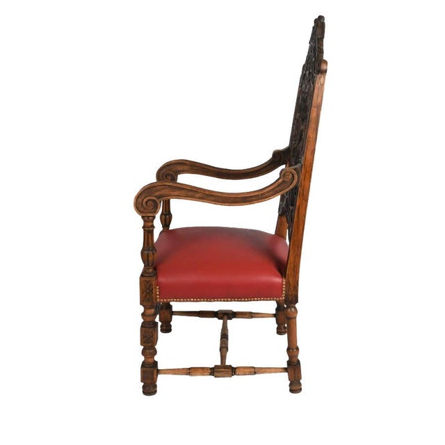 Italian Antique Italian Carved Walnut Figural Throne Chair With Red Leather Seat For Sale - Image 3 of 8