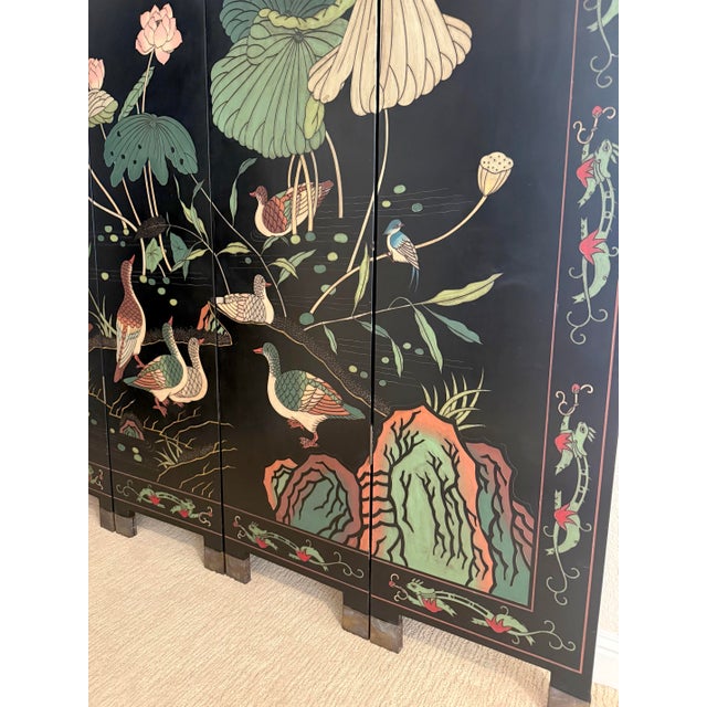 Wood Vintage Chinese Carved Lacquer Folding Screen, 73" H, Lotus & Mandarin Ducks For Sale - Image 7 of 9