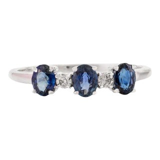 Stackable Three Stone Blue Sapphire and Diamond Minimal Ring in 14k White Gold Size 7 ( All Sizes Available) For Sale
