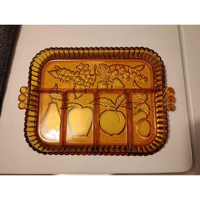 Indiana Glass Company Vintage 1960s Indiana Glass Co 5 Part Dived Amber Glass Serving Tray For Sale - Image 4 of 5