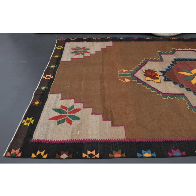 1970s 1970s Vintage Turkish Oushak Handmade Wool Cotton Brown Area Rug For Sale - Image 5 of 11