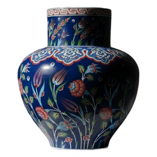 Handmade Monumental Iznik Floor Vase (50cm) – Deep Cobalt Blue & Floating Flora – Ottoman Art Decor For Sale