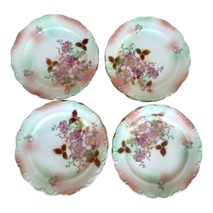 1970s House of Goebel Bavaria W. Germany Dinner Plate - Set of 4, Pink Wild Roses, Gold Leaves on Blue, Gold Trim