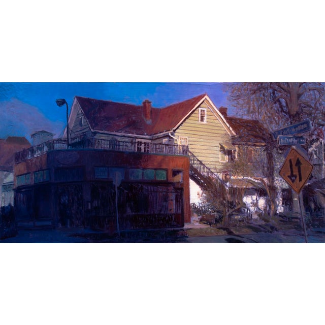 This oil on panel artwork captures a quiet street scene, featuring a distinctive two-story house with a vibrant green...