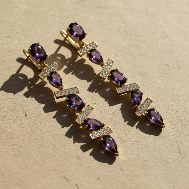 Modern Geometric Amethysts Drop Earrings, Silver, Gold, Pair For Sale - Image 6 of 7