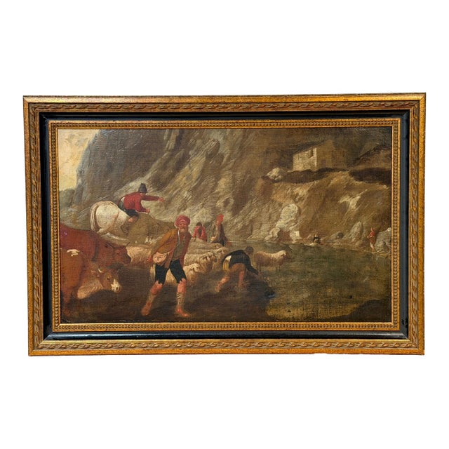 18th Century Dutch/ Flemish Italianate Pastoral River Landscape with Shepards For Sale