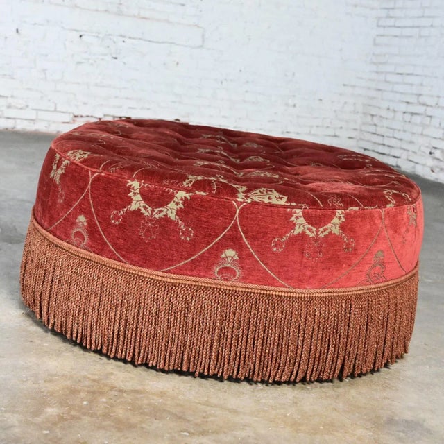 Wood Late 20th Century Traditional to Transitional Large Oval Cocktail Ottoman Rust Colored Fabric Bullion Fringe Trim For Sale - Image 7 of 12