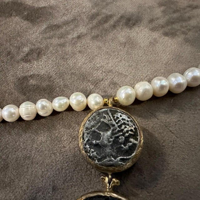 Brass 1980s Bulgari Style River Pearls and Brass Roman Coins Pendant Necklace For Sale - Image 8 of 9
