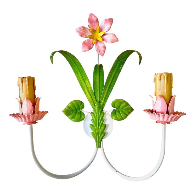 Floral Wall Light in Hand-Painted Tole Metal, Italy, 1960s For Sale
